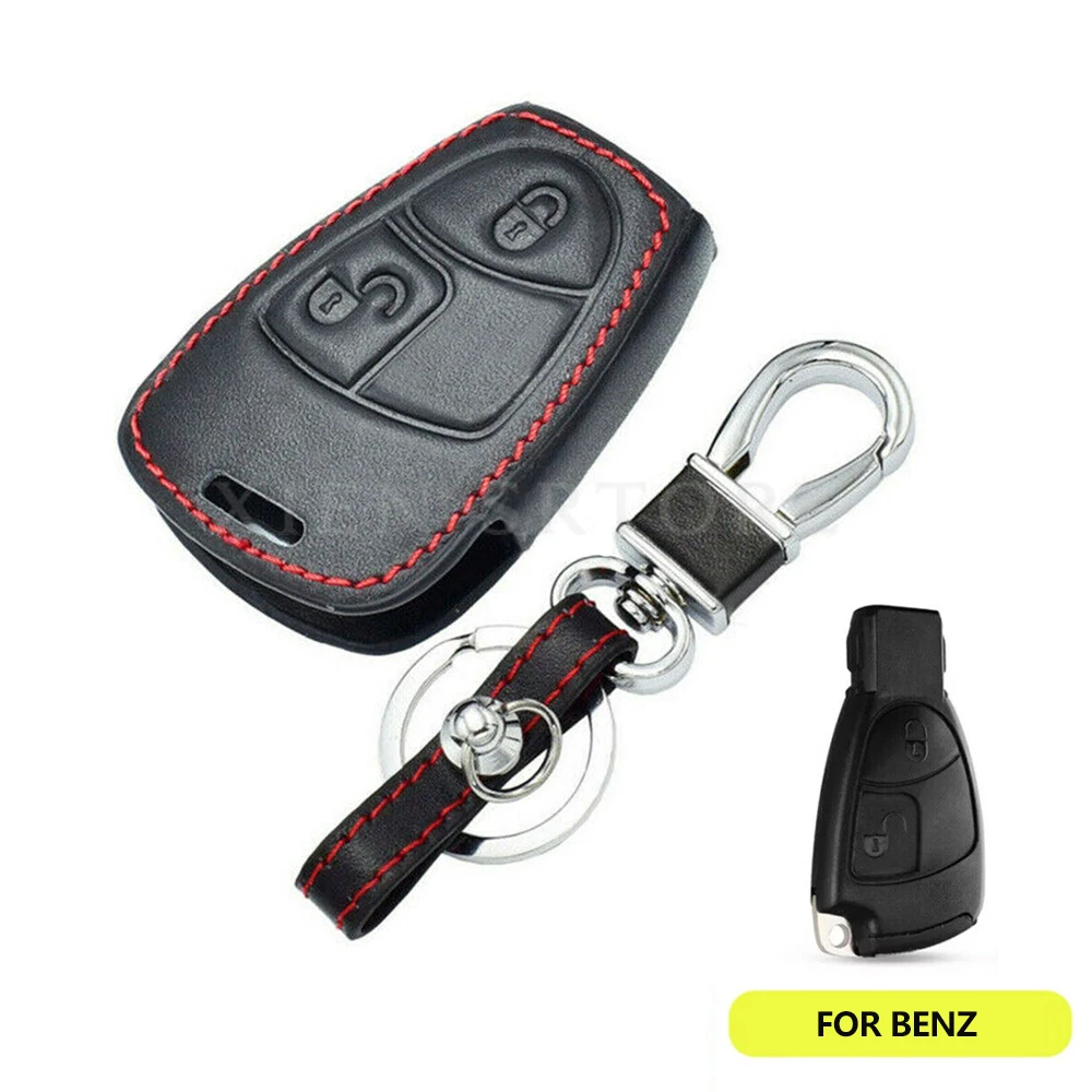 Black Leather 2 Buttons Car Remote Smart Keyless Key Cover Case Shell Holder Keychain Bag Skin Fit For Mercedes Benz Assesories