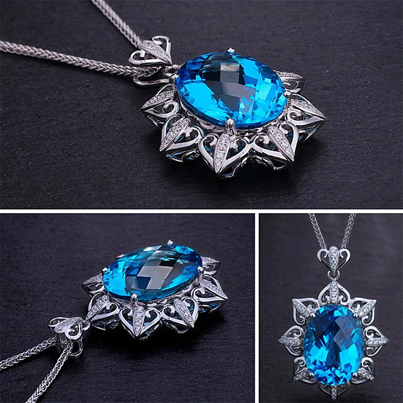 Fashion Anise stars blue crystal topaz gemstones zircon diamonds pendant necklaces for women white gold silver choker jewelry