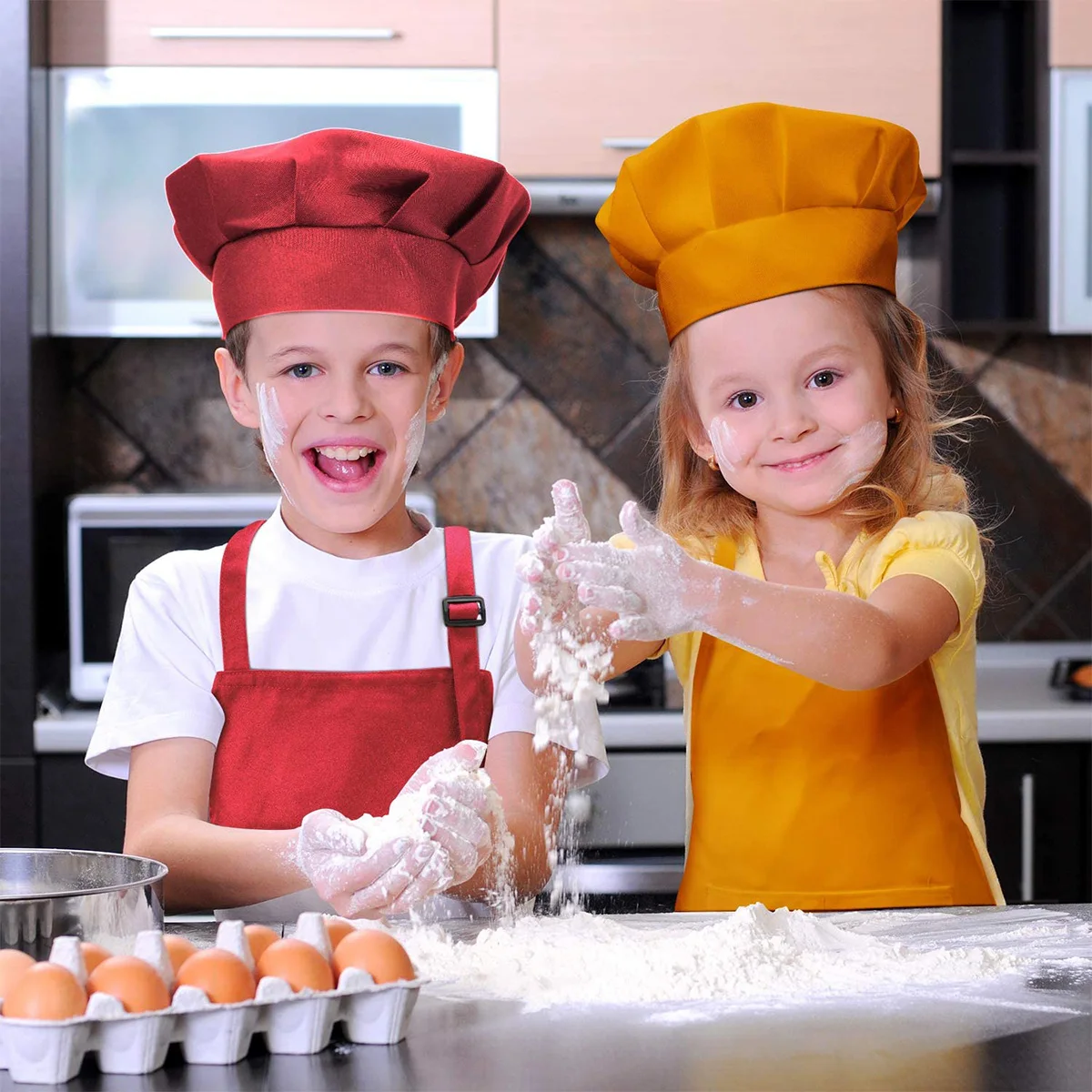 Delantal de Babero con bolsillo frontal para niños y niñas, delantal de cocina artesanal, pintura, juegos de gorro para el hogar