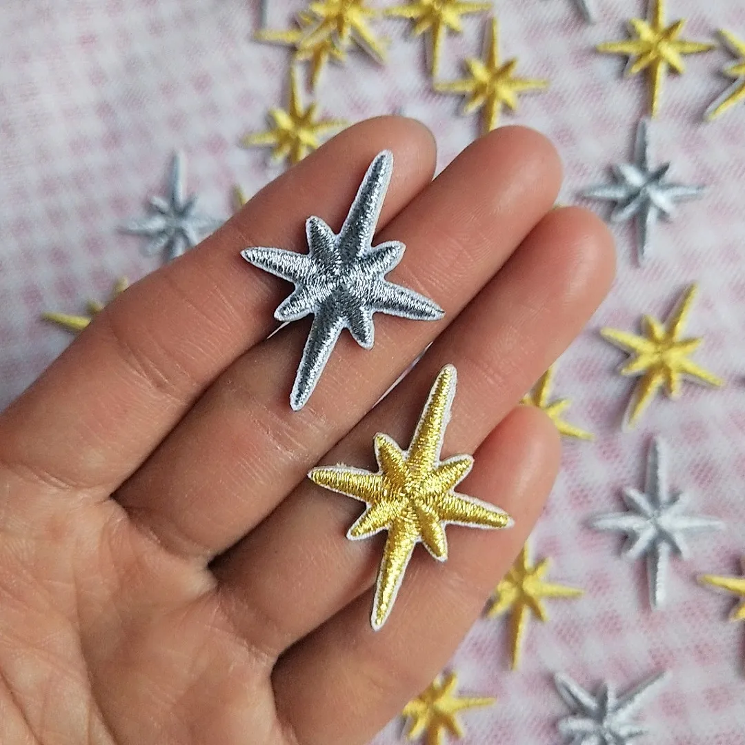 Wholesale Self-adhesive 10pcs Star Fabric Sticker Embroidery Patches for Clothes Gold Silver Iron on Clothing Applique Stripes