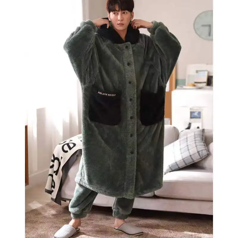 Coral Fleece Nightgown Men\'s Winter Plus Size Nightgown Suit Thicken Warm Bathrobe Fashion Male Pajama Set Robes Sets