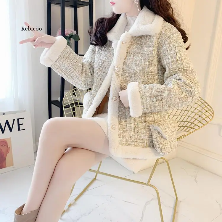 Faux Fur Temperament Lovely Thick Tweed Stitching Lambswool Casual Single-Breasted Pocket Coats Female+Chain Bag