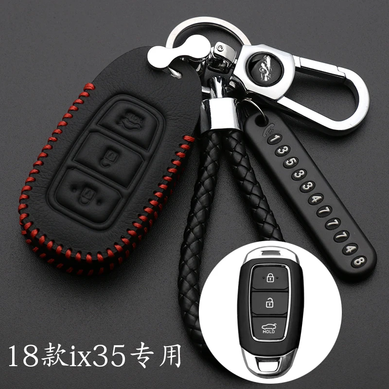 Leather Car Key Case For Hyundai Elantra GT Kona 2018 2019 Santa Fe Veloster Smart Remote Fob Cover Protector Keys Bag