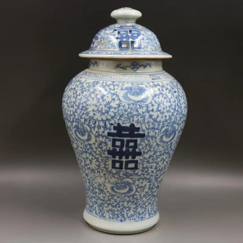 

Qing Dynasty Yongzheng Blue And White Flowers happiness porcelain Ginger Jar Antique Home Furnishings ceramic temple jar vase