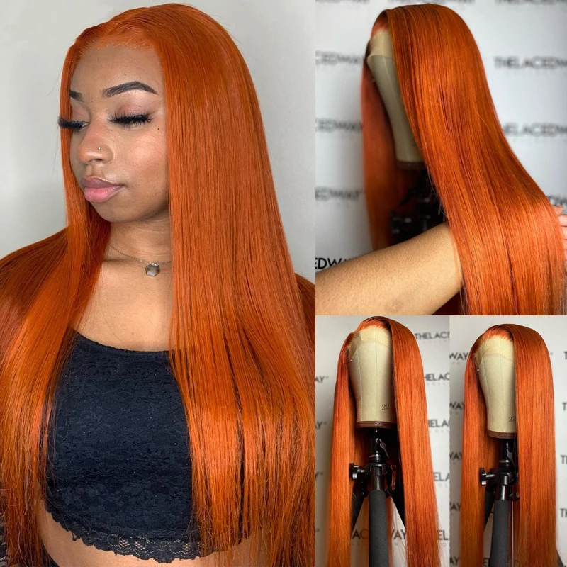 

Bone Straight Lace Frontal Wigs Ginger Orange Human Hair for Women Body Wave Remy Hair 180% Density 13x4 Lace Front Hair Wigs