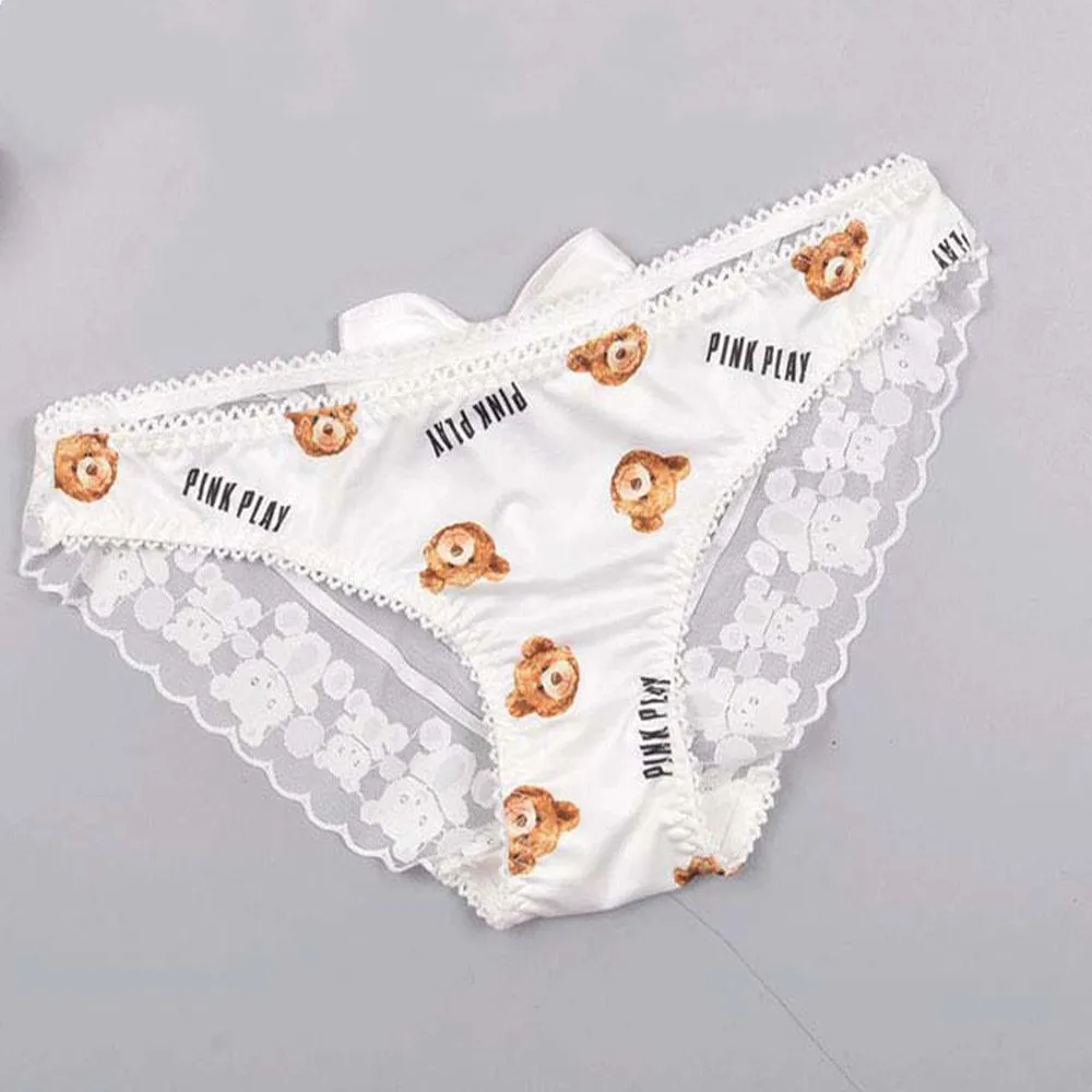 Women Cute Bear Panties Low Waist Lace Ruffled Kawaii Lingerie Milk Silk Underwear Female Lady Underwear