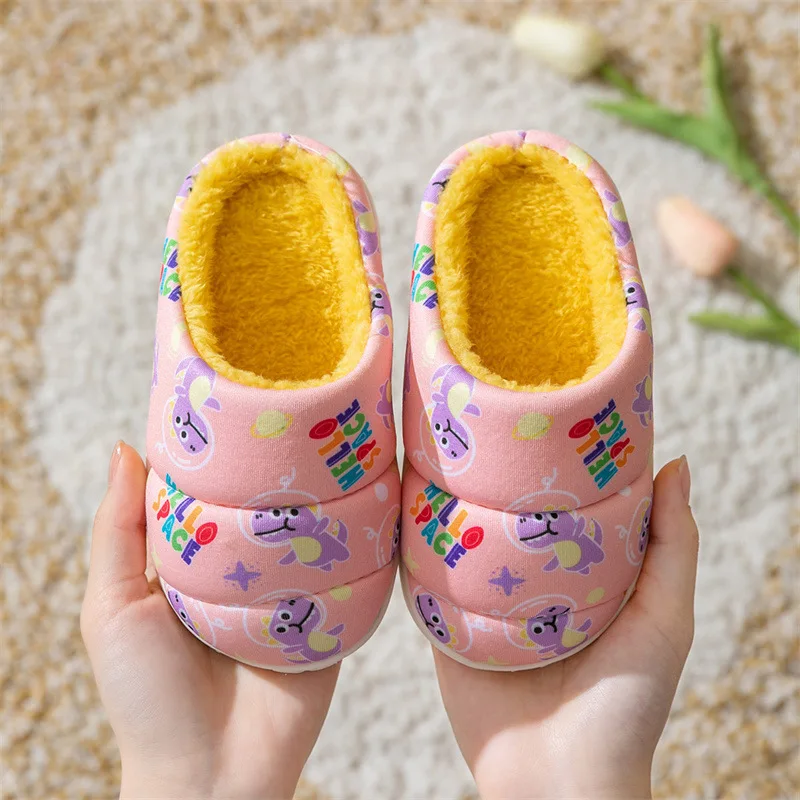 Cartoon Dinosaur Print Children Cotton Slippers Autumn Winter Warm Princess Baby Boys Girl Women Men Indoor Bedroom Home Shoes