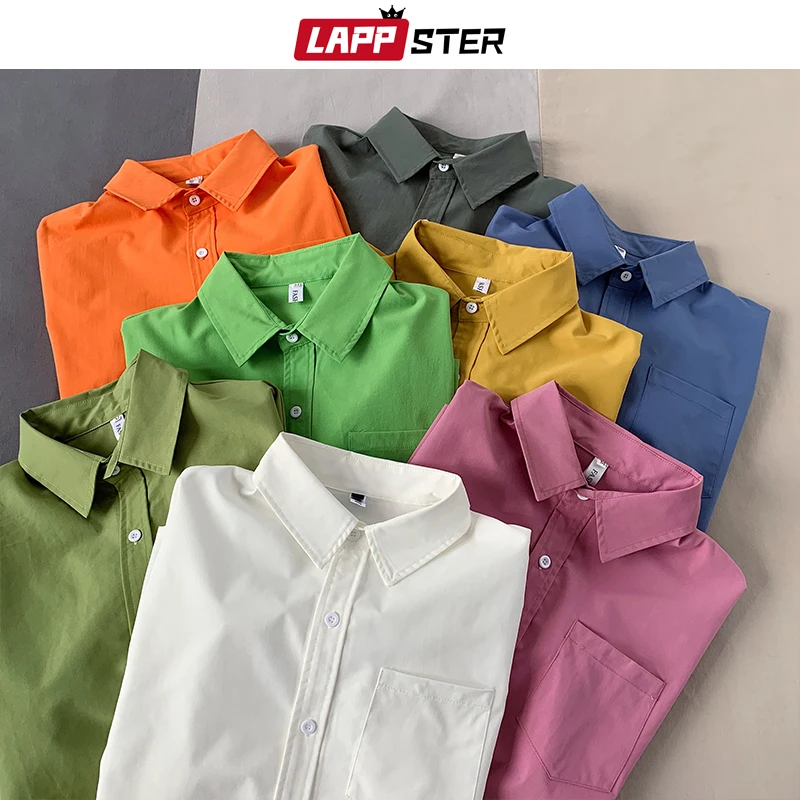 LAPPSTER Men Colorful Pocket Korean Shirts 2023 Autumn Long Sleeve Shirts For Men Harajuku Fashions Plus Size Oversized Clothing