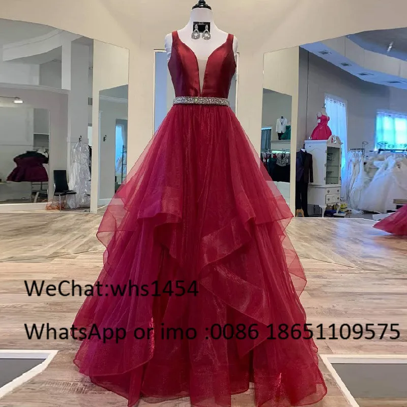 Mbcullyd Puffy Tulle Long Dresses For Prom 2023 Burgundy rochii Shining Crystal vestidos de fiesta largos elegantes de gala