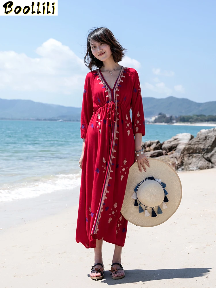 

Summer Beach Boollili Cotton and Linen Dress Women Elegant Long Dresses Red Chiffon Maxi Sexy Boho Dress Vestidos Verano 2023