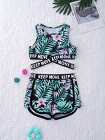 Kids Girls Swimsuit Two Pieces Swimwear Round Neck Sleeveless Cross Sash Crop Tops and Shorts Set Swimming Bathing Suit Clothes