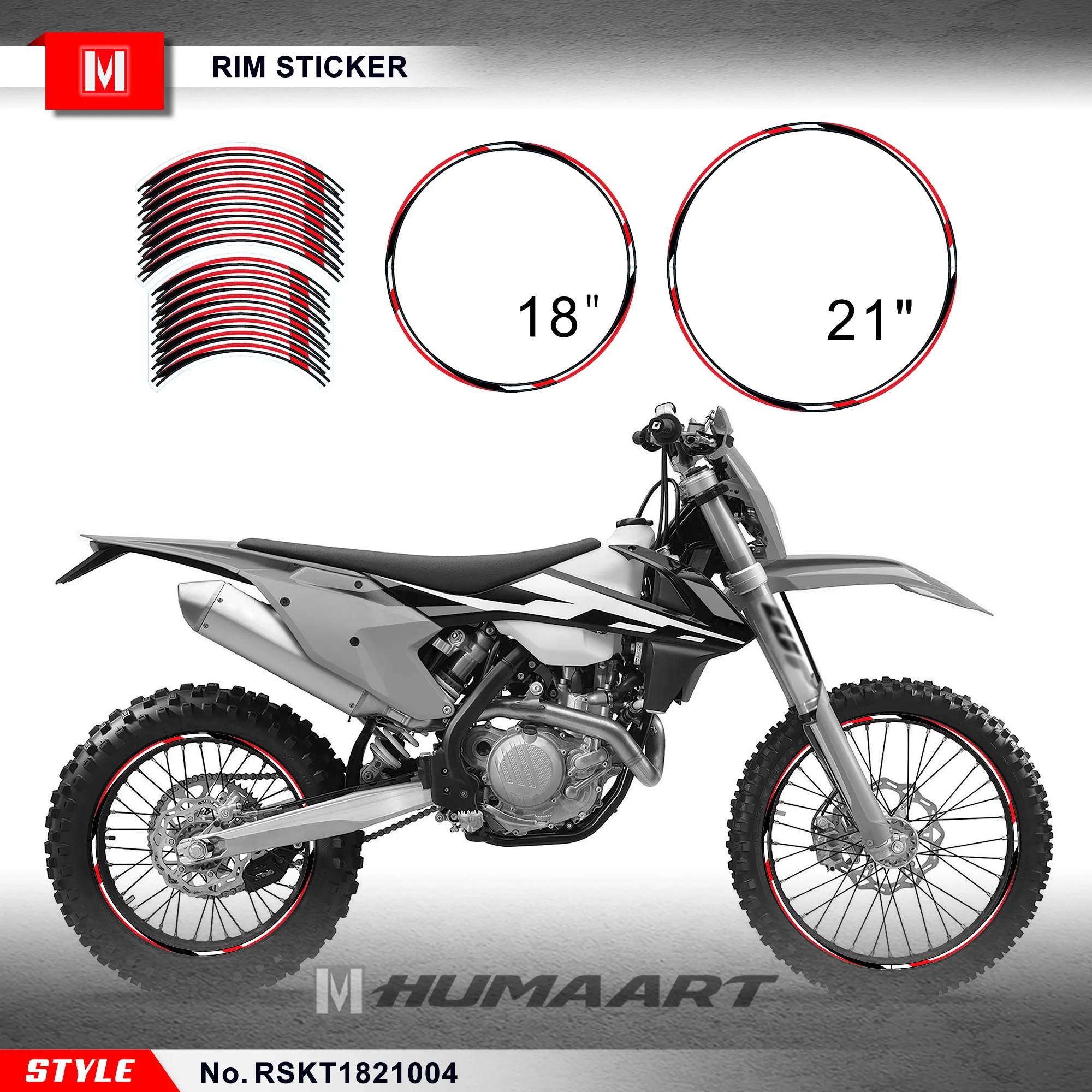 HUMAART 18 & 21 Inch Dirt Bike Wheel Rim Decal Kit MX Enduro Sticker Tape Stripes Deco Custom Graphics Waterproof Red Black