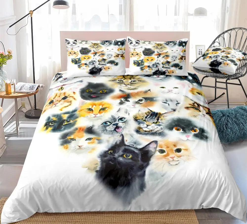 Watercolor Cats Bedding Kids Boys Girls Cute Cat Duvet Cover Set  Cartoon Pet Quilt Cover Queen Bed Set 3pcs Animal Dropship