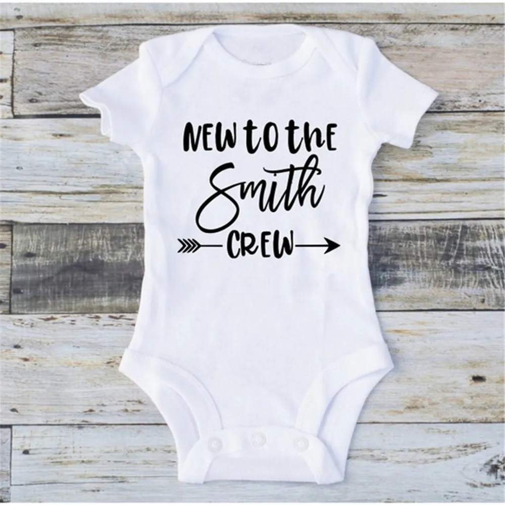 Custom New to the Crew Onesie Announcement Onesie Baby Onesie Shirt Personalized Baby Onsie Custom Your Text Logo White Onesie