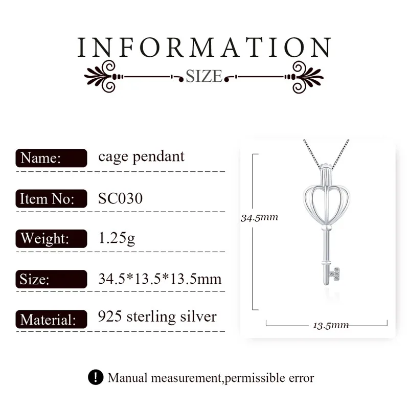 CLUCI 925 Sterling Silver Pendant Women Jewelry Love Key Shaped Real Silver 925 Pearl Cage Pendant Zircon Locket SC030SB