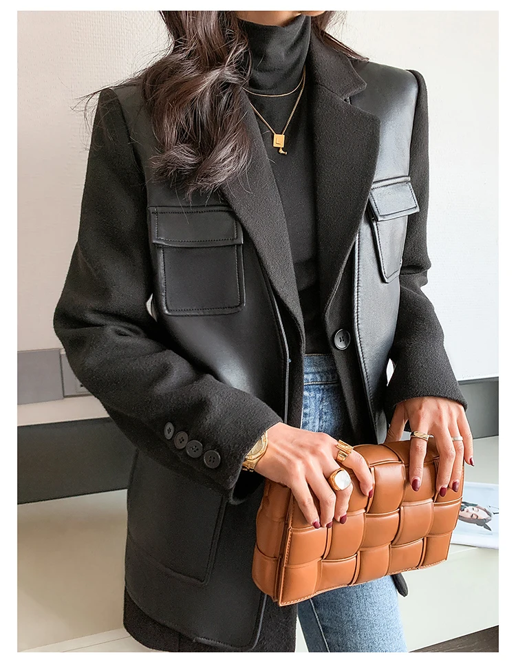 Nerazzurri Autumn Black Wool Blends Patchwork Leather Jacket Women with Many Pockets Long Sleeve Korean Fashion Streetwear 2022