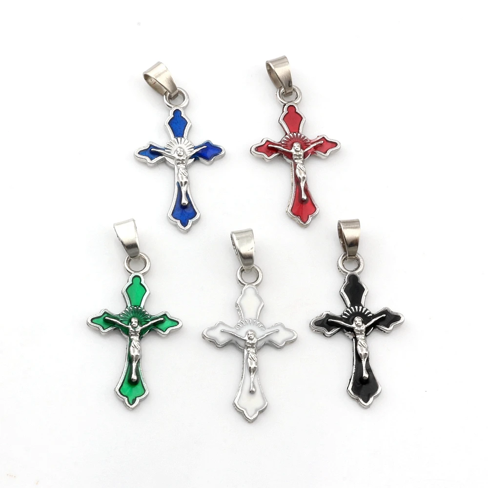 100Pcs Enamel Crucifix Cross Alloy Dangle Charms Pendants For Jewelry Making Bracelet Necklace DIY Accessories 17.5*36mm A-656a