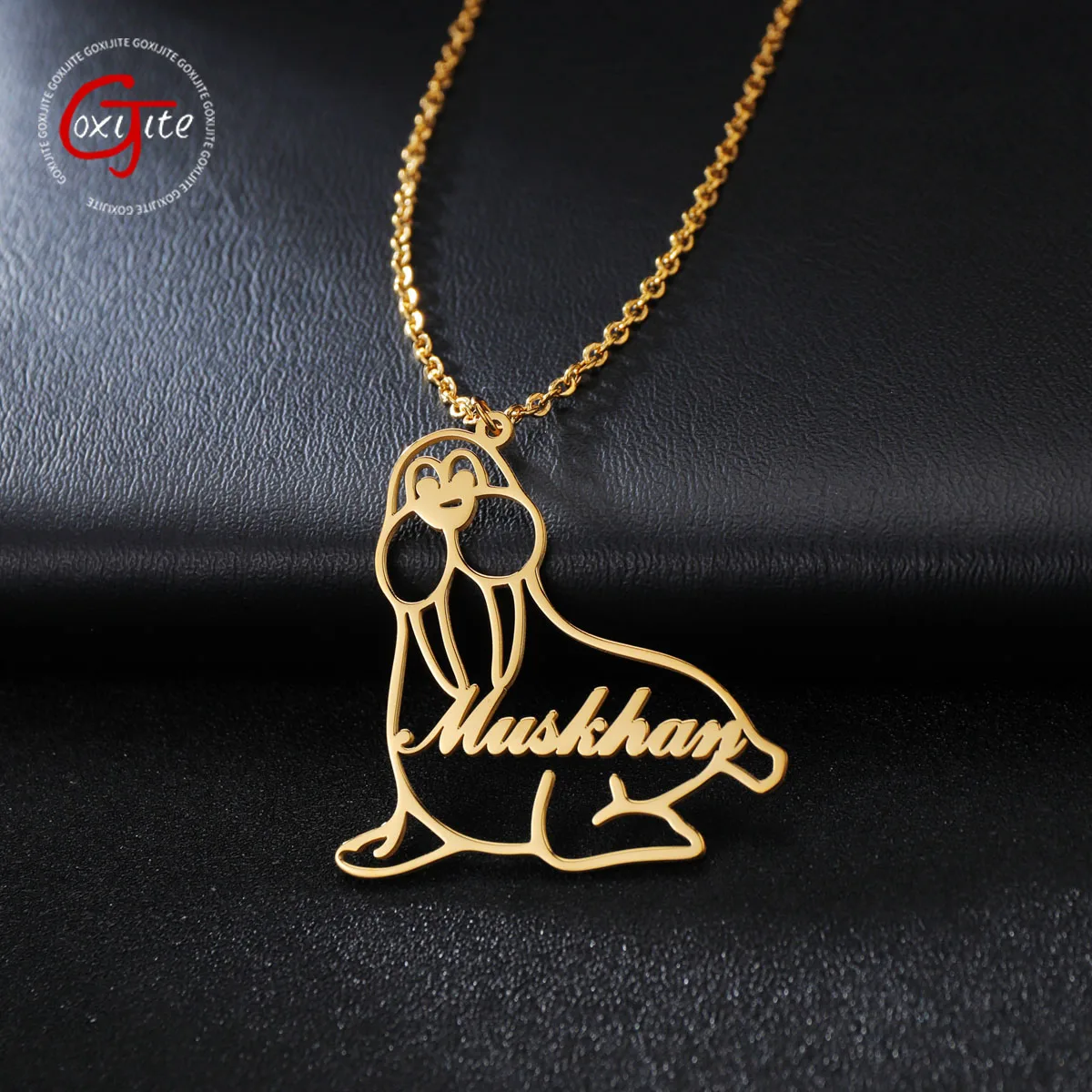 

Goxijite Custom Cute Sea Lion Name Necklace For Kid Stainless Steel Animal Initial Letter Nameplate Necklaces Lovely Gift