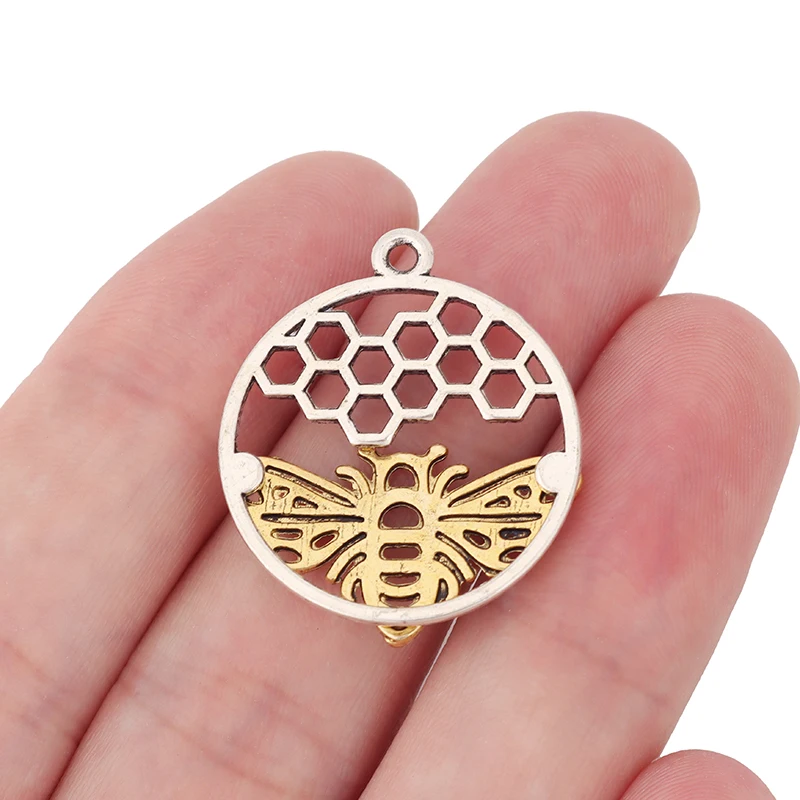 10 x Tibetan Silver Gold Color Hollow Bee Honeycomb Honeybee Round Charms Pendants for DIY Jewelry Making Findings Accessories