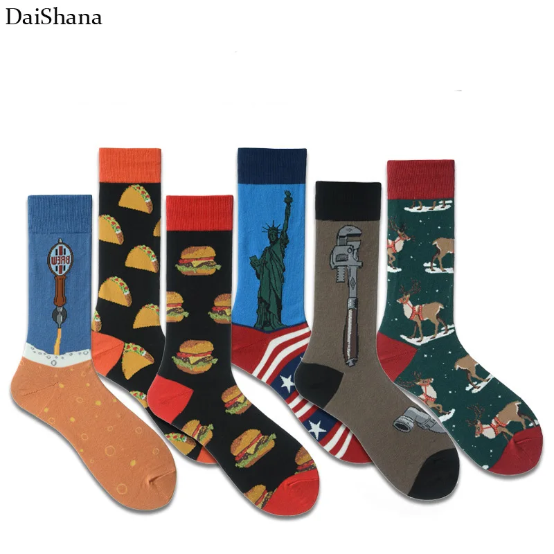 25 Style Fashion Men\'s Socks Combed Cotton Socks Hamburger Pizze Donut Pattern Funny Cute Cartoon Food Skateboard Socks 38-45