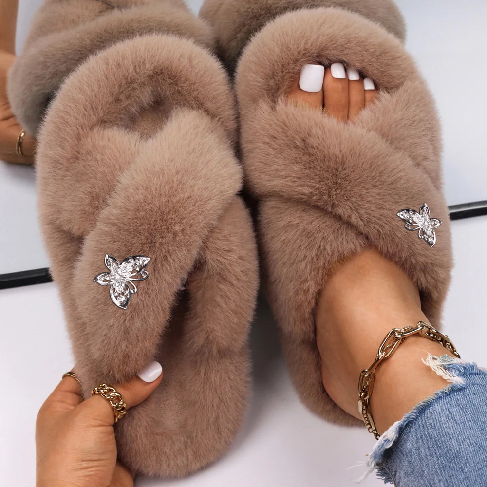 

Fluffy Slippers Soft Furry Slides Silver Butterfly Sandals Ladies Flip Flops Faux Fur Indoor Slippers Female Winter Casual Shoes