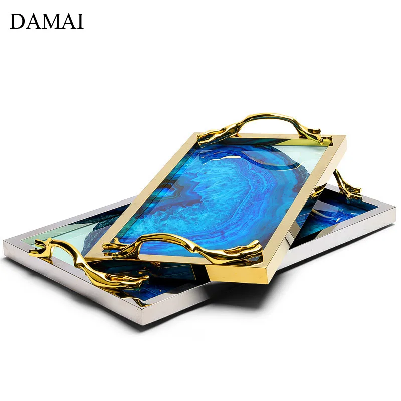 

Gold Inlay Agate Texture Ceramic Trays Decorative European Modern Metal Frame Plating Craft Jewelry Display Tray Home Decoration