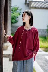 Shanghai Story Women Cotton Linen Casual luźna koszula z guzikami jednolita, krótka bluzka zwykła bluzka Henley