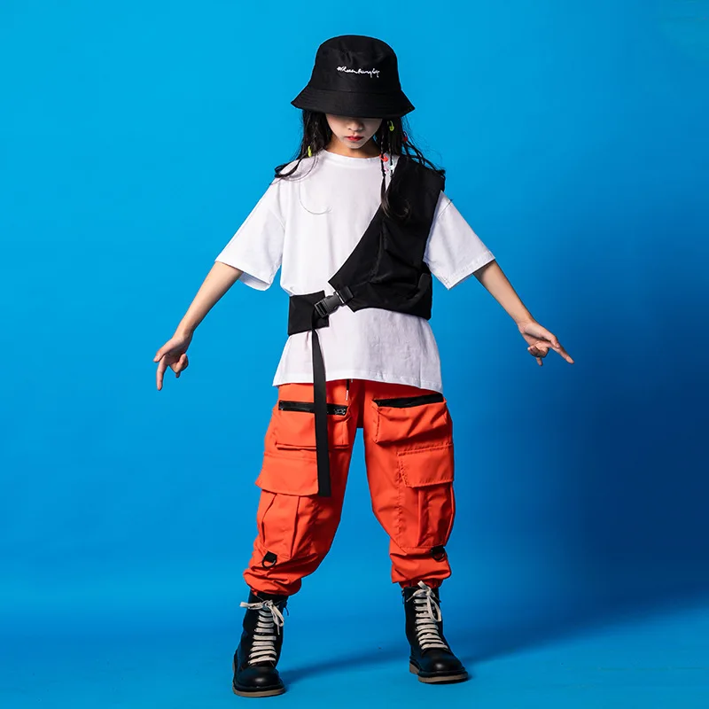 Chaleco de Hip Hop para niños y niñas, traje de Pantalón Cargo naranja, camiseta con bolsa en el pecho, Joggers, ropa de calle para baile, ropa