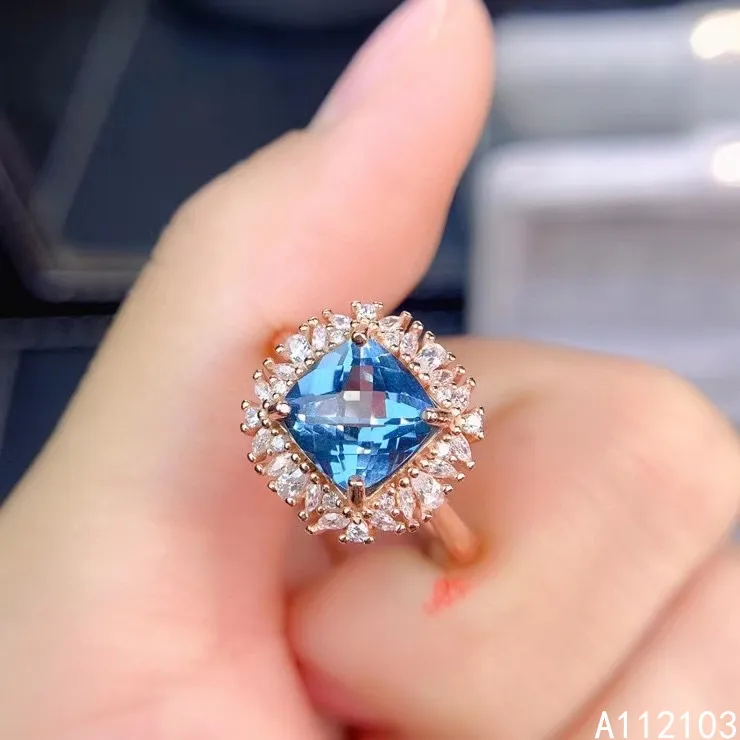 KJJEAXCMY fine jewelry 925 sterling silver inlaid natural London Blue Topaz girl elegant simple square gem ring support check