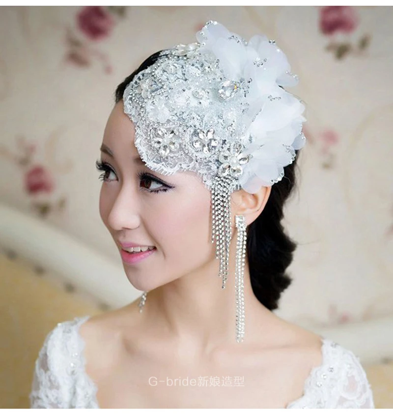 NiuShuya New Crystal Beaded Wedding Bridal Hair Accessories Tiaras Headpiece Bridal Hat Tulle Birdcage Lace Headpiece Bling