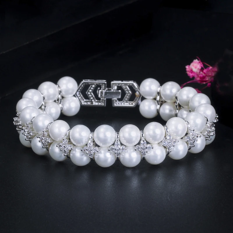 ThreeGraces New Fashion Cubic Zirconia Wide Double Row Simulated Pearl Bracelet for Women Bridal Wedding Banquet Jewelry BR384