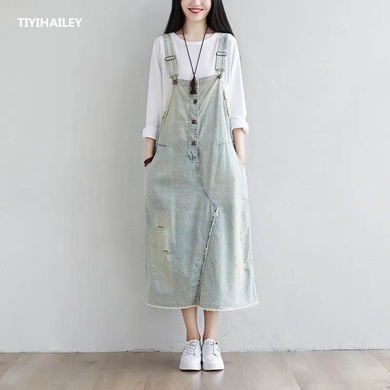 

TIYIHAILEY Free Shipping 2020 Spaghetti Strap Denim Dresses Fashion Suspenders For Women Jeans Long Mid-calf Dress With Pockets