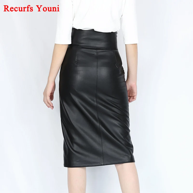 RY9332 Winter Women High Waist Genuine Leather 70cm Long Skirts Lady Blue/Black Split Sexy Wrap Saias OL Pencil Maxi Skirt