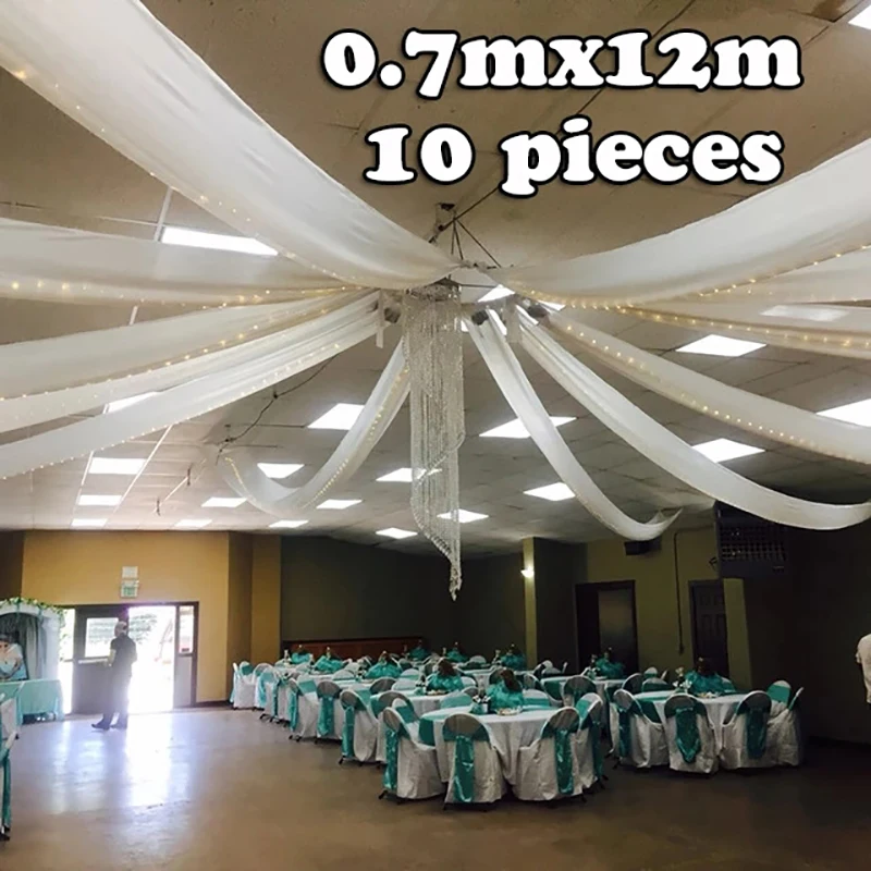 

Tanmeluo 10PCS 0.7x12M White Ice Silk Ceiling Drapery Sheer Curtain Panel Hall Roof Canopy Draping Fabric Wedding Decoration