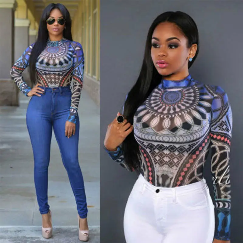 New Sexy Women Tattoo Tribal Print Stretchy Bodysuit See-Through Mesh Sheer Long Sleeve Top Lady Clubwear O Neck Bodycon