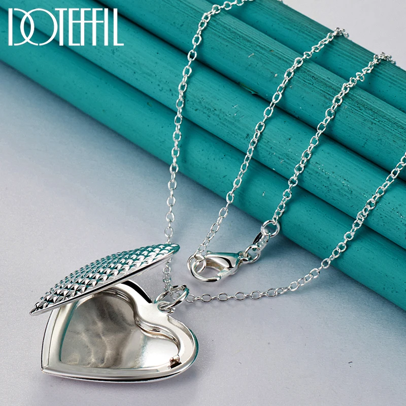 DOTEFFIL 925 Sterling Silver Heart Photo Frame Pendant Necklace 16-30 Inch Sanke Chain For Women Man Wedding Party Charm Jewelry