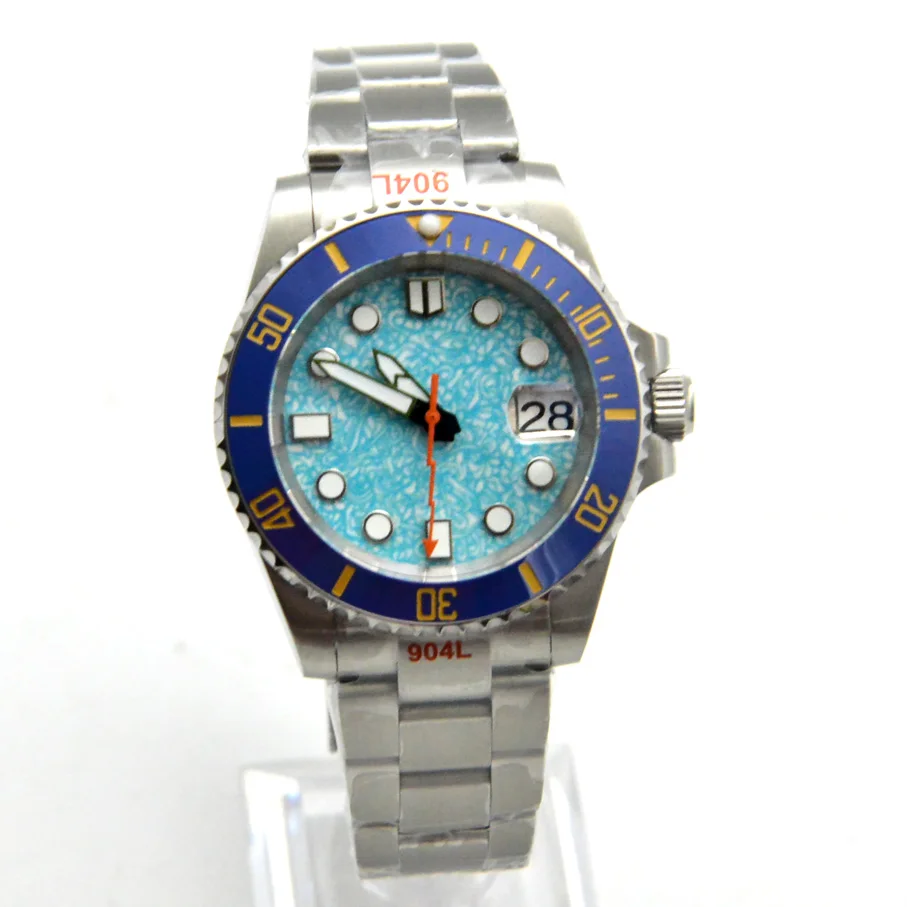 Blue Pattern Dial Luminous Date 40MM Men's Watch Automatic Mechanical Steel Band Sapphire Glass Transparent Back Cover