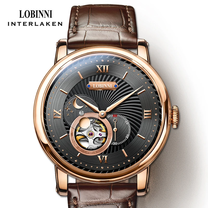 Reloj mecánico automático LOBINNI de lujo para hombre, reloj de pulsera con segunda subesfera, reloj resistente al agua con cristal de zafiro