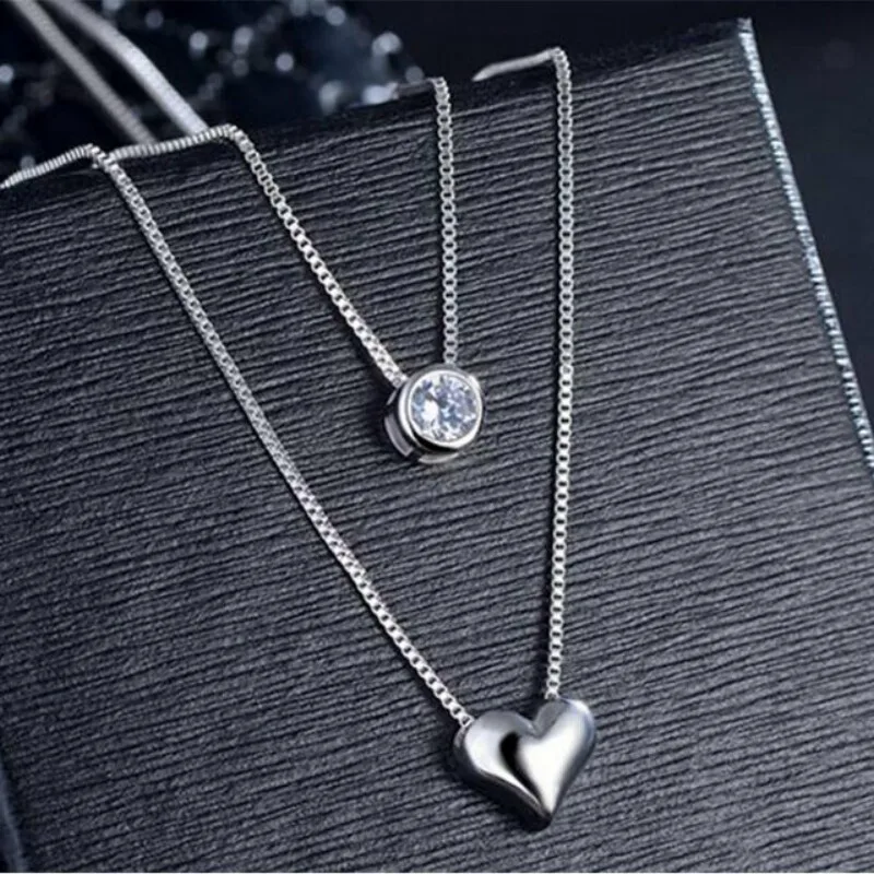 925 sterling Silver naszyjnik dwuwarstwowy łańcuch cyrkon wisiorki serca naszyjniki dla kobiet kolye Choker