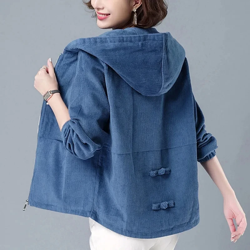 Women Spring Autumn Corduroy Jacket 2022 Female New Korean  LooseShort Jacket Middle-aged Mother Hooded Jacket A486