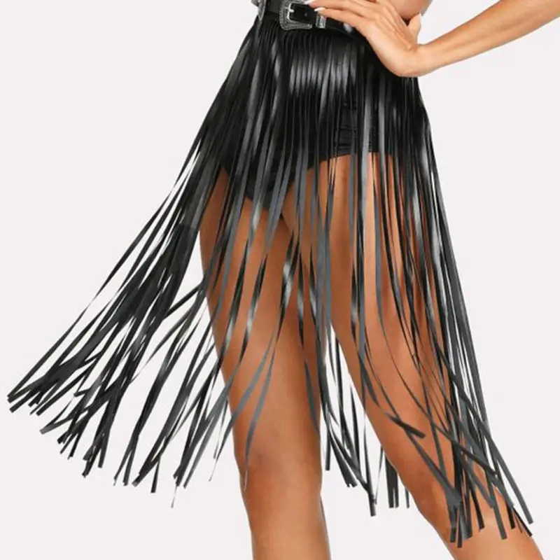 Womens High Waist Faux Leather Fringe Tassels Skirt with Buttons Halloween Party Punk Rock Clubwear