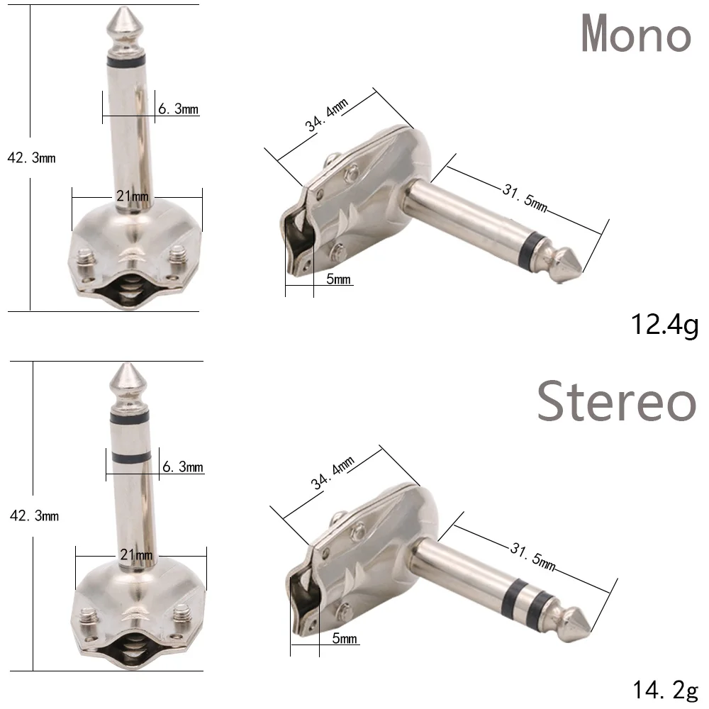 10Pcs 90Degree Right Angle 6.35 mm Mono/Stereo 2/3 Pole Jack Plug 6.35mm Guitar Phono Pancake 1/4 Inch Connector