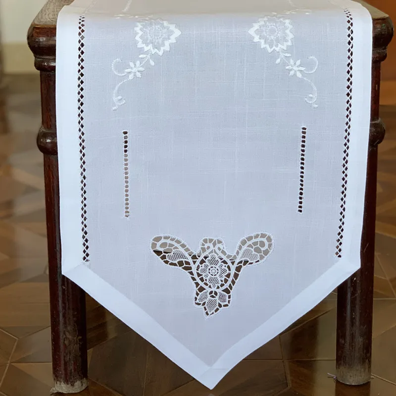 @Camellia Casa]Classic Hemstitch Table Runner,Specially Treated Polyester,Linen Look & Washable White Color