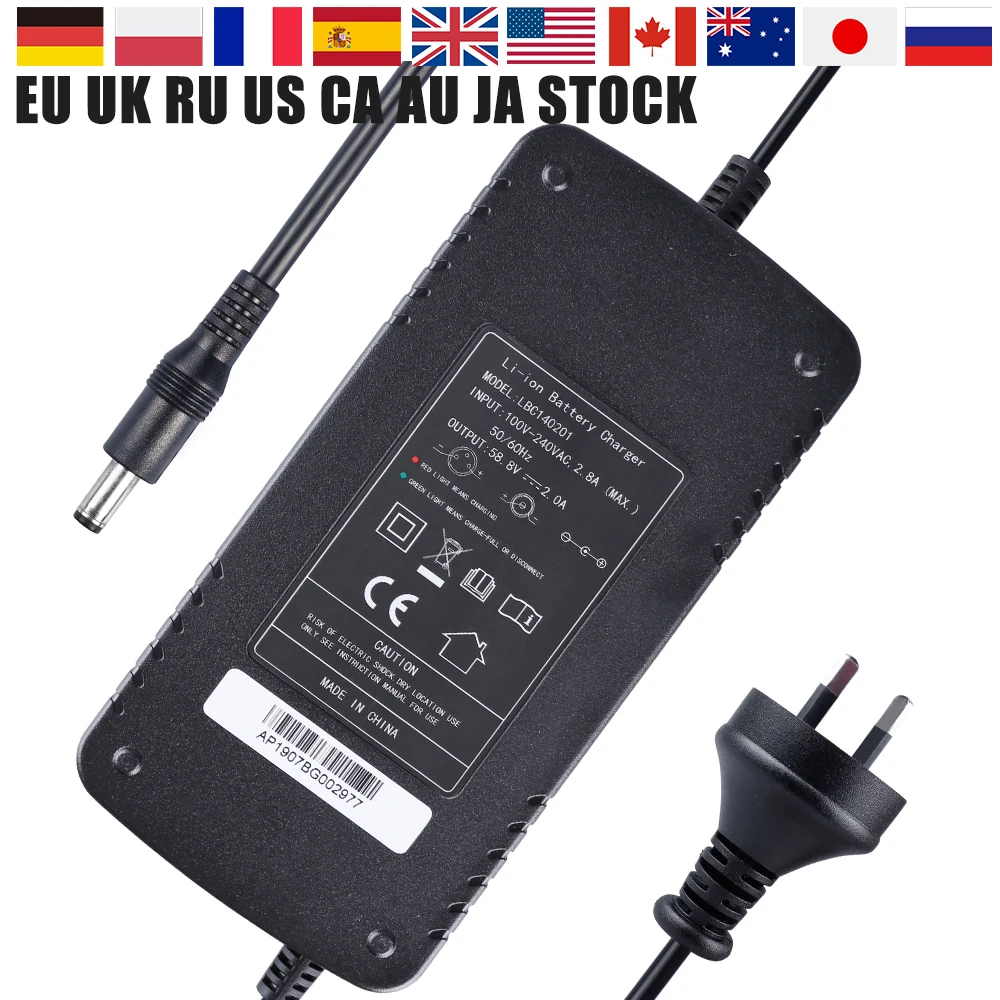 AU/EU/UK/US DC Plug Universal Electric Bike Battery Charger Output 54V 42V 2A E Bicycle Charger for 48V/36V Battery