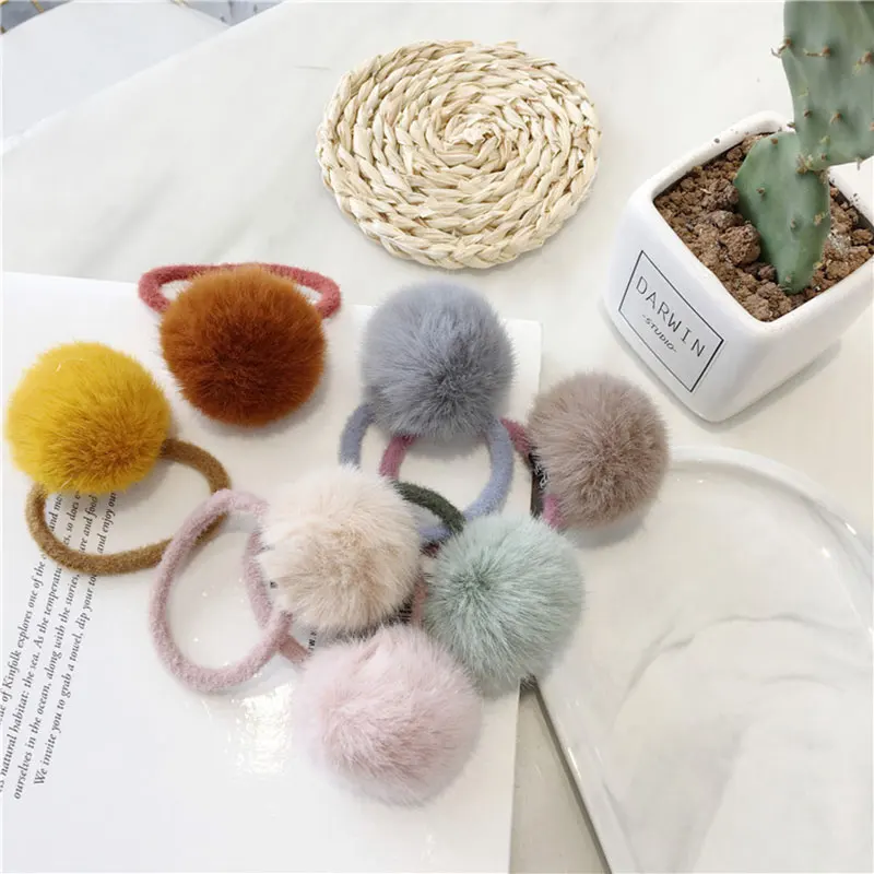 Baby Girl Cute Mini Faux Fur Ball Solid Color Pompon Elastic Hair Band Scrunchy Lovely Kids Rubber Headbands Hair Accessories