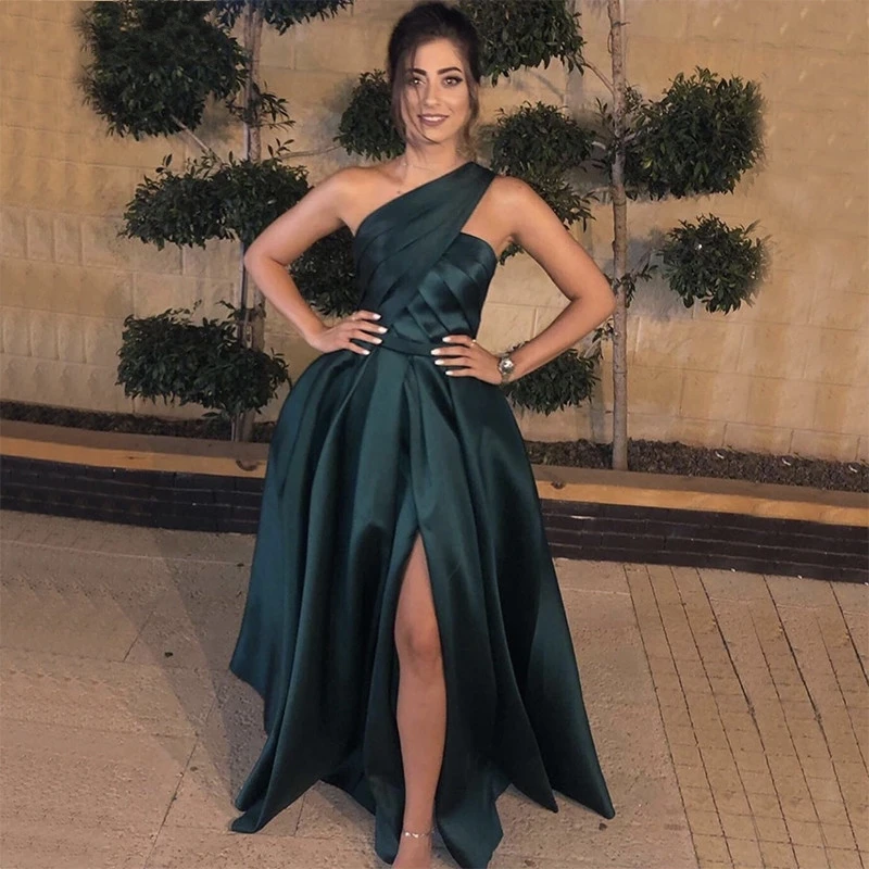 

Green Evening Dresses 2023 One Shoulder Sexy Satin Slit Ruched Simple Prom Party Gowns Long Vestidos De Feast