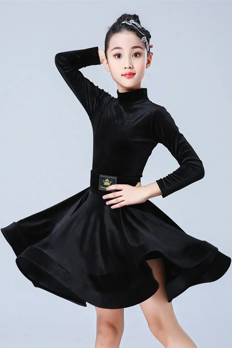 Kids Dresses for Girls Long Sleeve Latin Dance Dress Velvet Ballroom Competition Party Stage Performance Practice Costumes