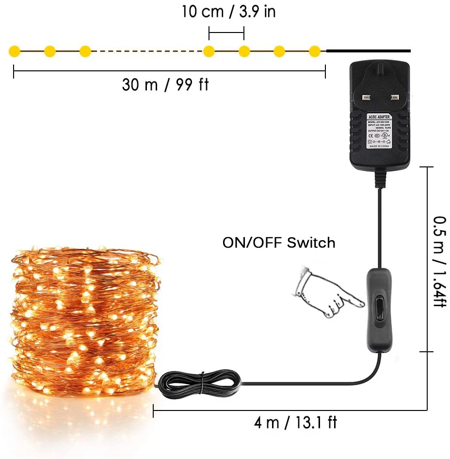 Christmas LED String Light Fairy Lights 12V with Remote Dimmer 300 LED Warm White RGB 10m 20m 30m US EU UK AU Kit Holiday Lamp