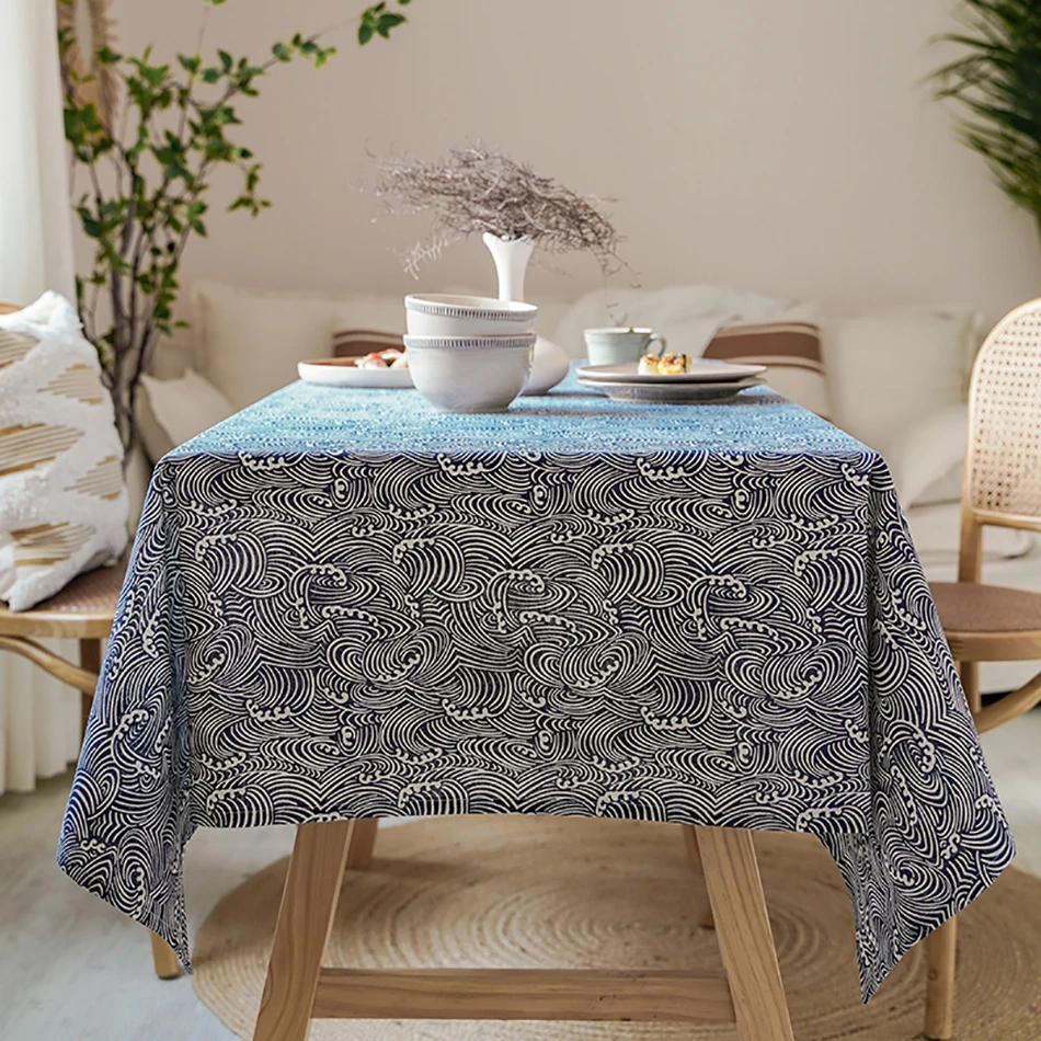 

Japanese Style Cotton Linen Tablecloth Washable Rectangular Blue Sea Ripple Home Coffee Dining Table Fireplace Microwave Cover