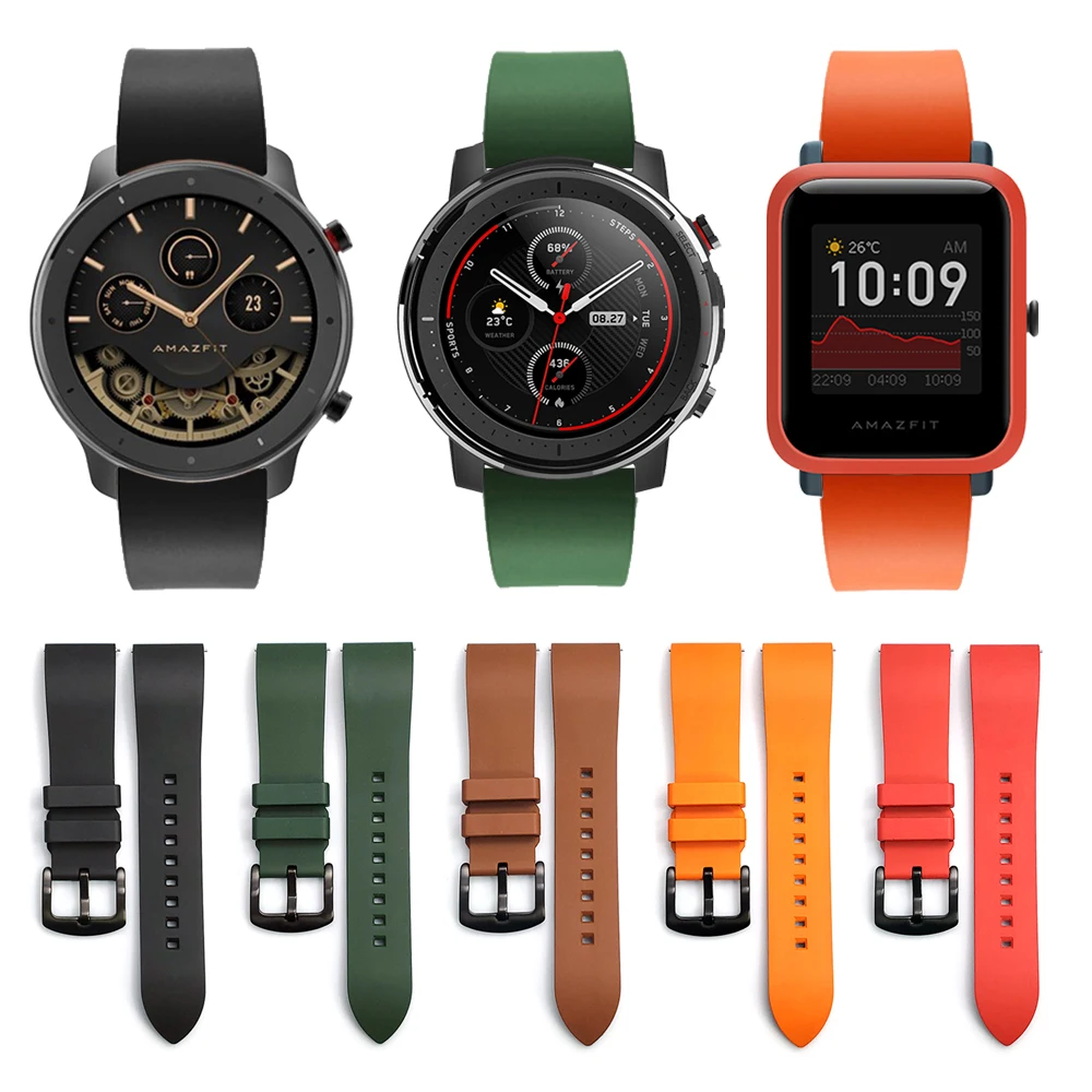 22 20mm Fluorine Rubber Strap for Xiaomi Huami Amazfit Watch Silicone Band Watchband for Amazfit Stratos 3 GTR GTS Bip Bracelet